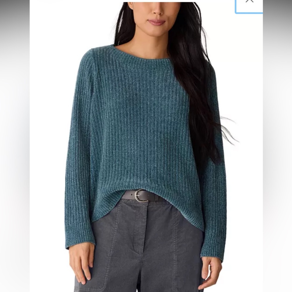 NWT Eileen Fisher‎ Organic Cotton Rib Knit Sweater Teal Blue | Size L